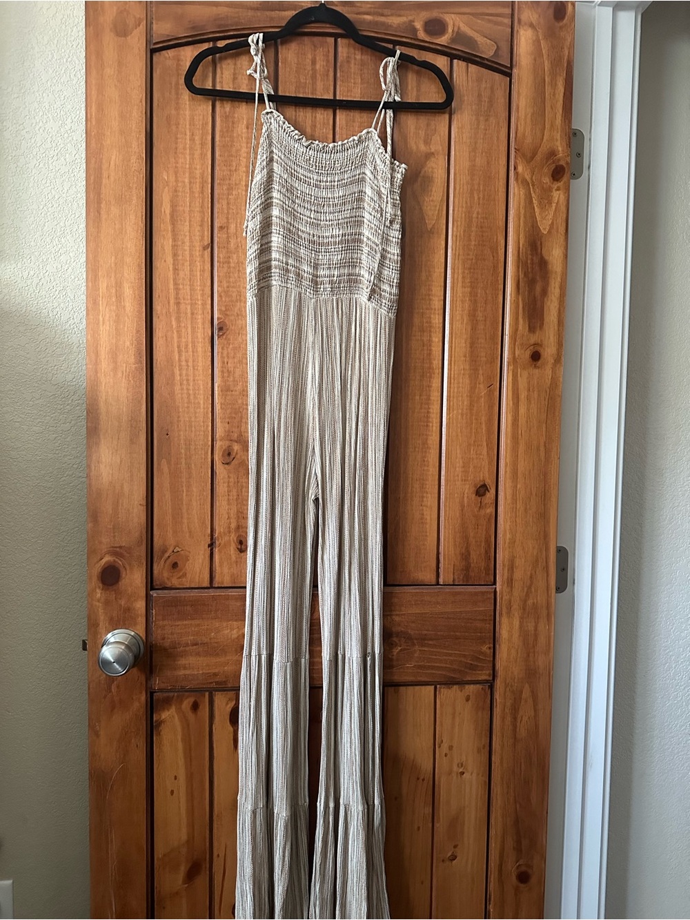 Beige Smocked Wide-Leg Jumpsuit